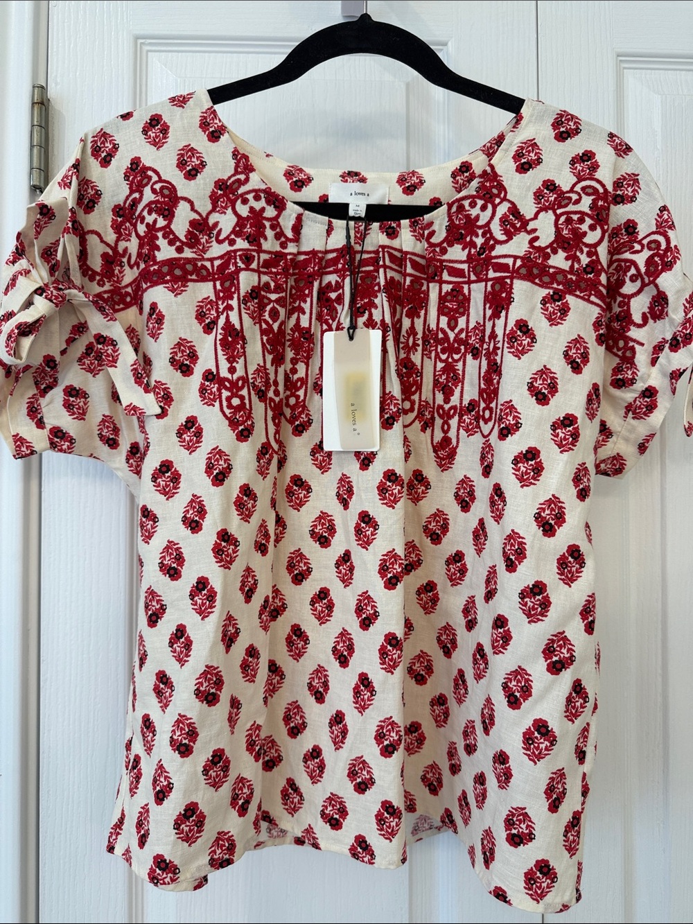 A Loves A Cream Red Embroidered Linen Blend Boho Peasant Top NWT Size M